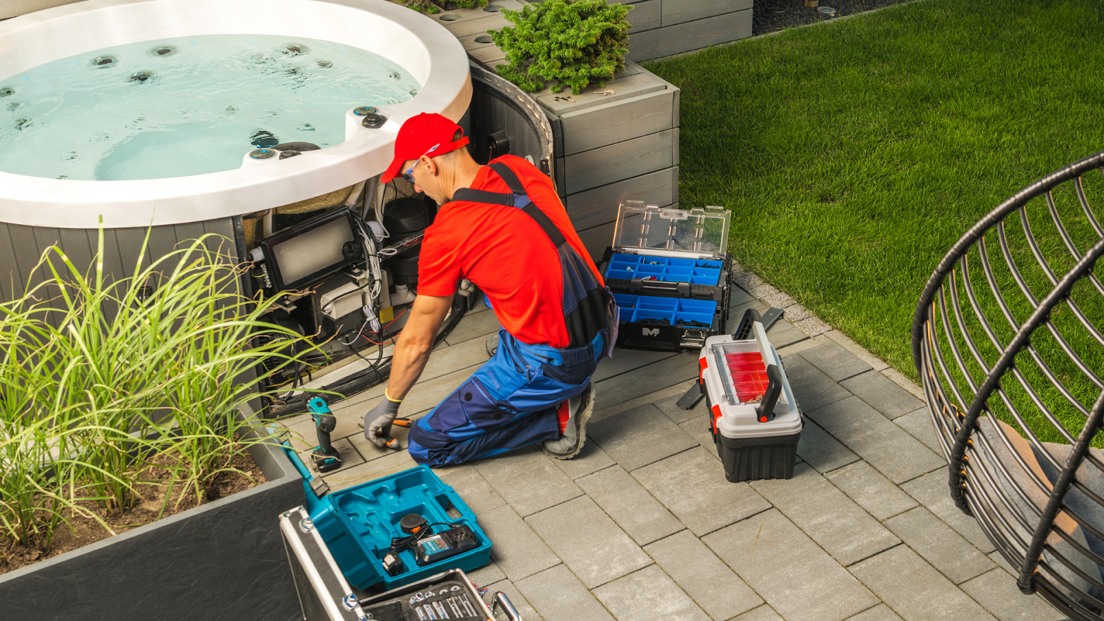 Technician performing hot tub maintenance by inspecting and repairing spa components outdoors