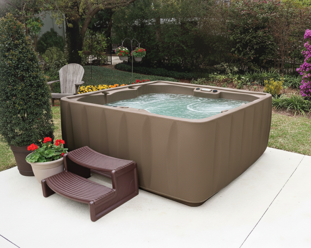 Brown hot tub with steps in a garden setting