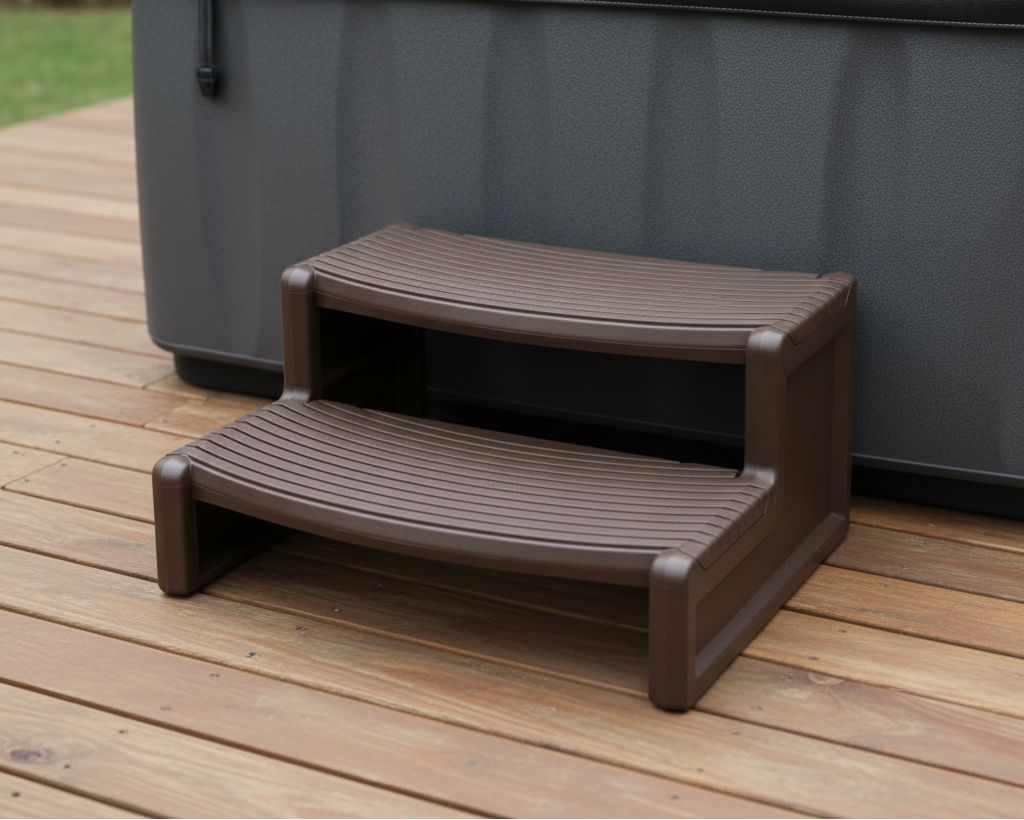 Brown step stool on a wooden deck next to a hot tub.